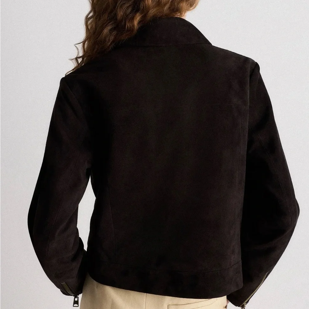 Quince 100% Suede Zip Front Cropped Jacket in Espeesso Size Medium 661